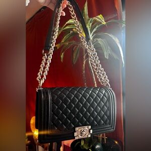 CHANEL medium Boy Black caviar Quilted Chain Shoulder Bag